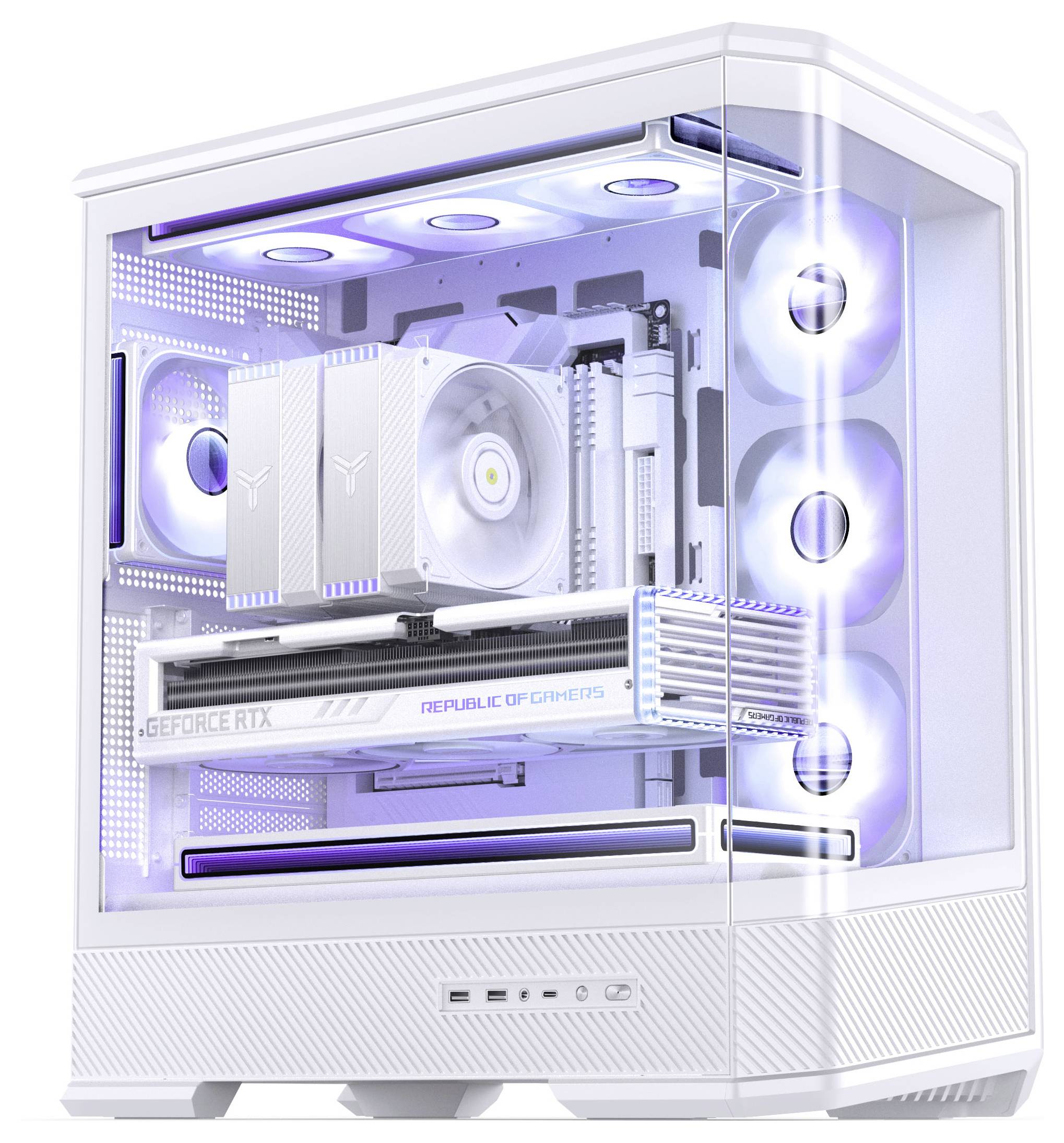 A white gaming PC with clear side panels revealing internal components, RGB lighting, an RTX graphics card, and multiple cooling fans.