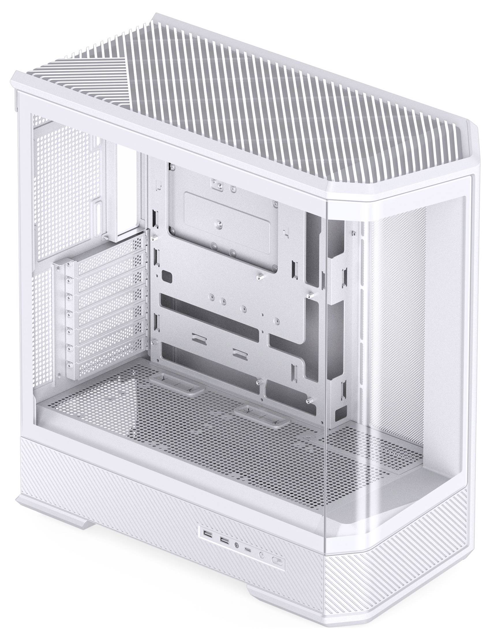 A white, empty computer case with side ventilation and cutouts for ports and components, showcasing a modern, minimalistic design.