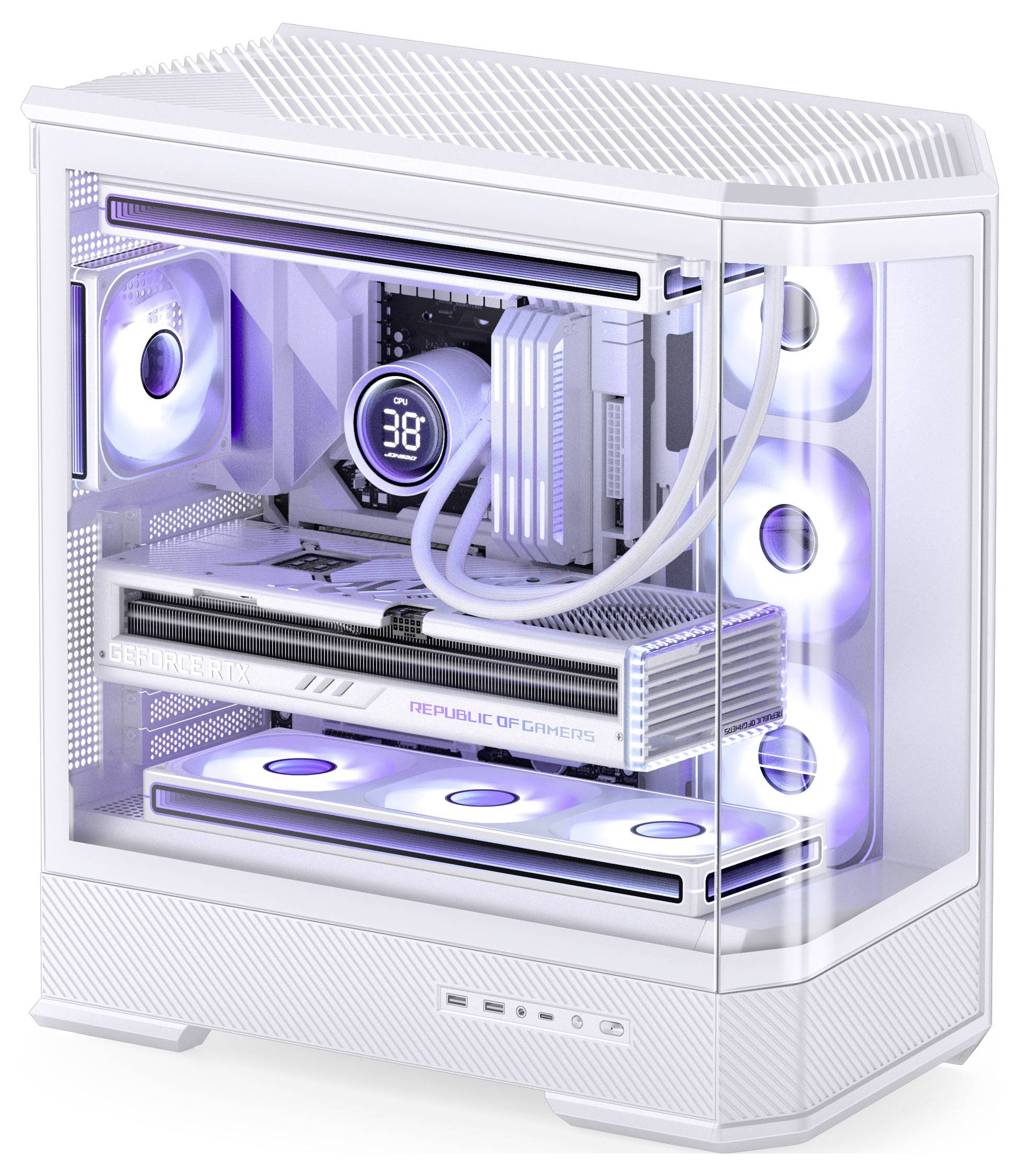 A white PC tower with glowing LED lights showcasing interior components, including a cooling system and graphic card.