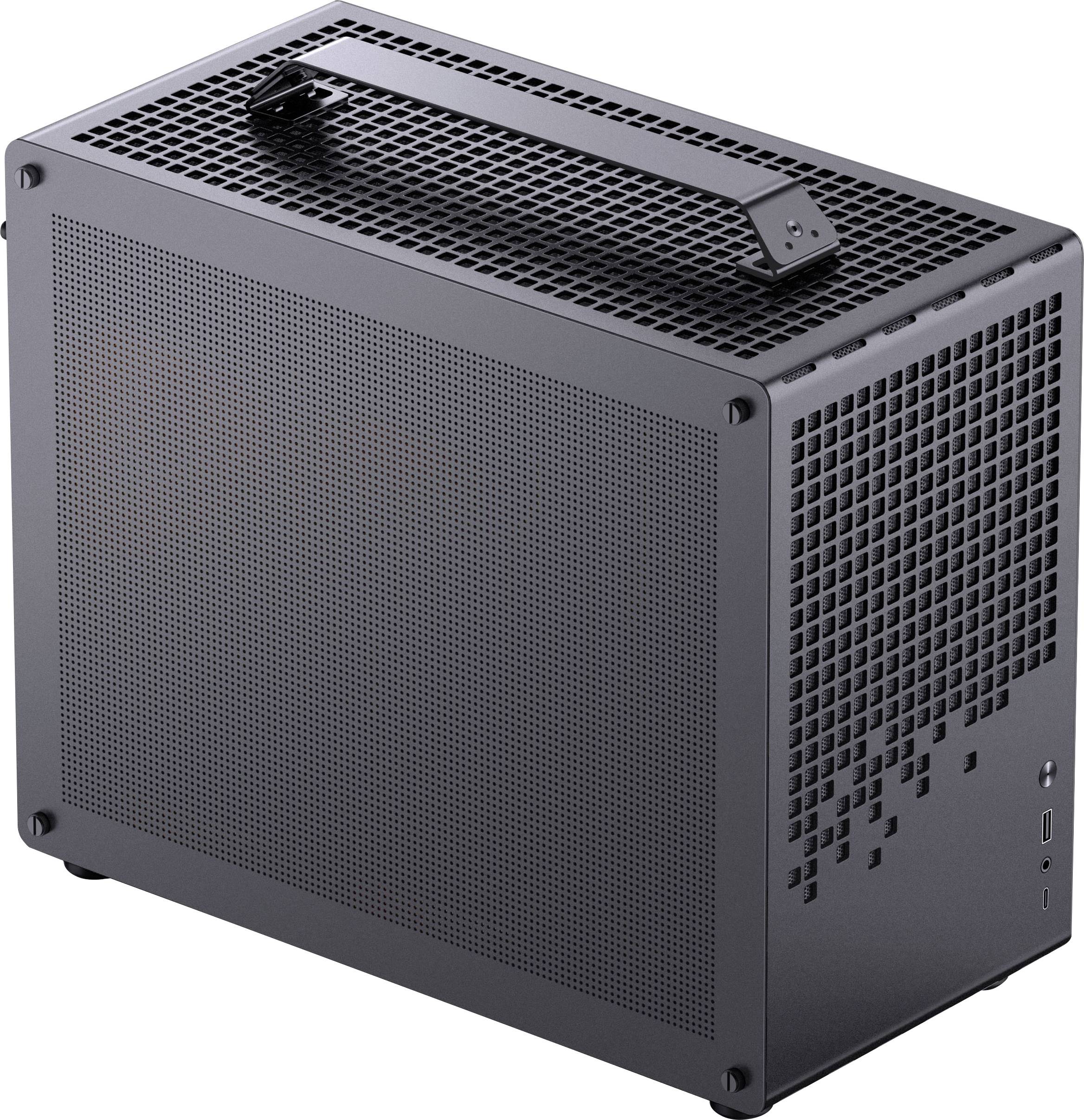 A compact, black computer case with a perforated design for ventilation, featuring a carrying handle on top and a power button on the side.