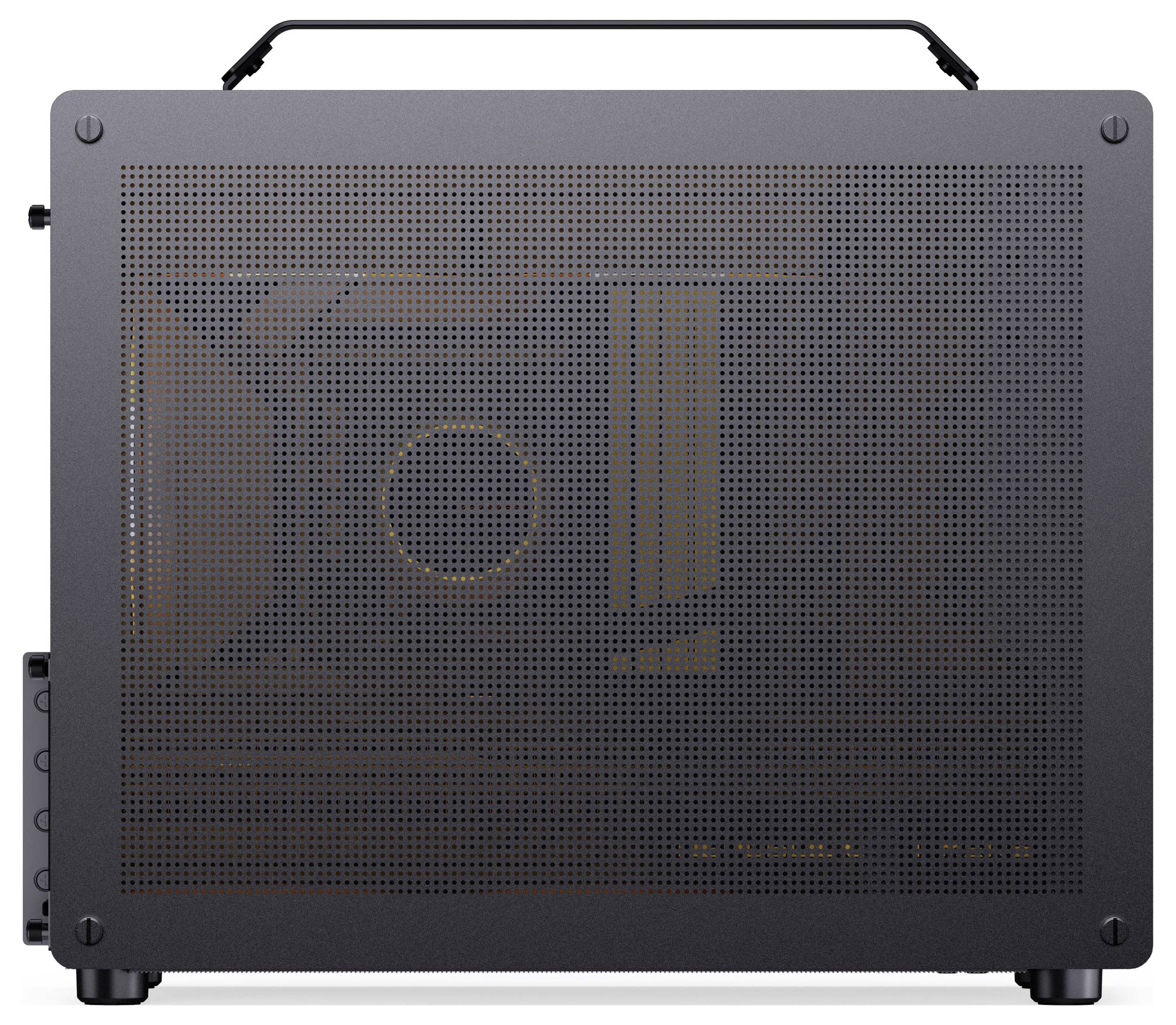 A compact, rectangular black computer case with a perforated panel, allowing airflow and visibility of internal components.