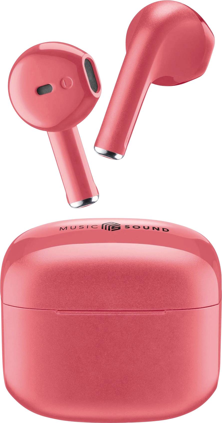 Red wireless earbuds and matching charging case labeled 'Music Sound'. The earbuds are floating above the closed case.