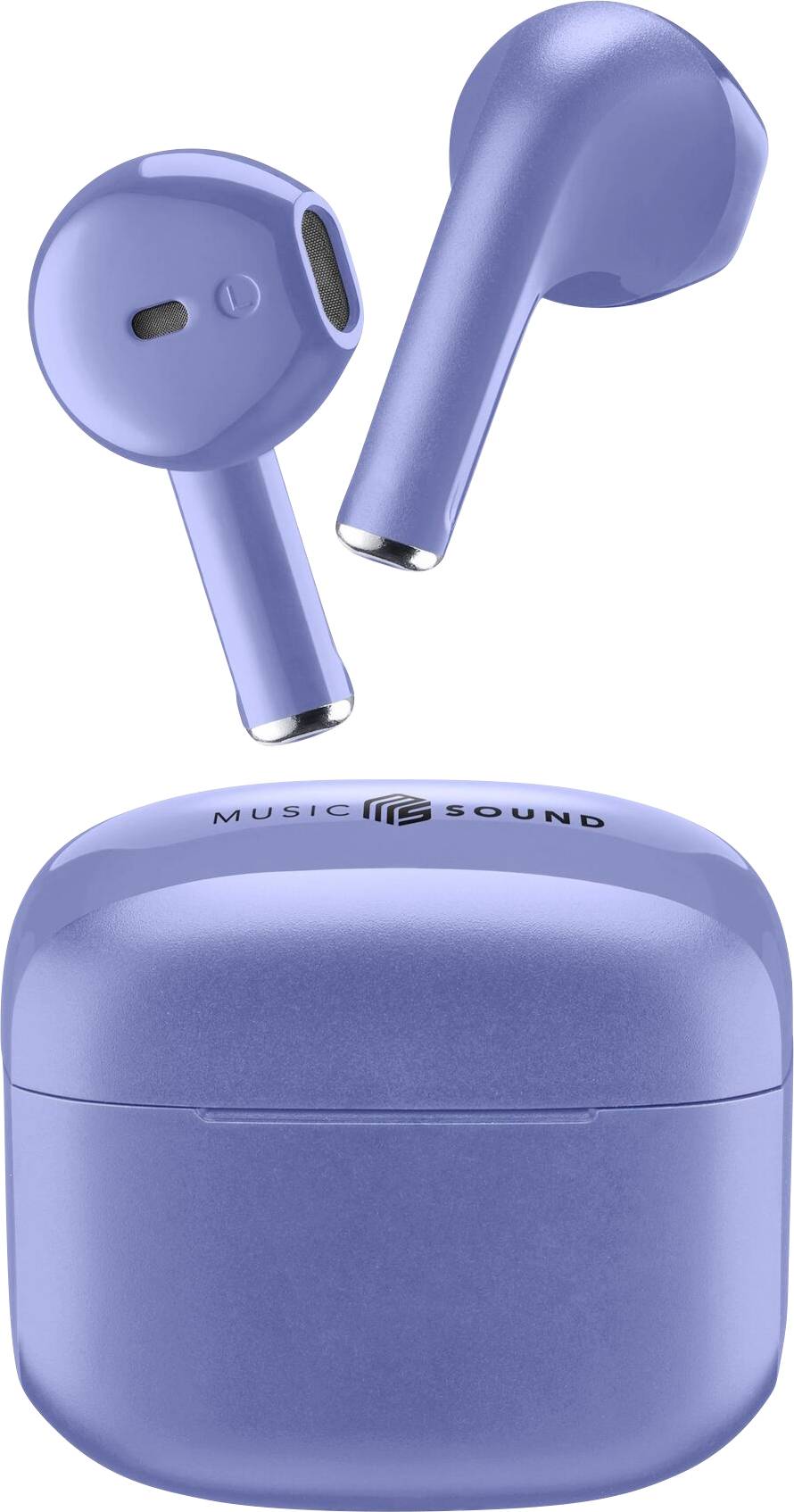 Blue wireless earbuds with a matching charging case, labeled 'Music Sound'.