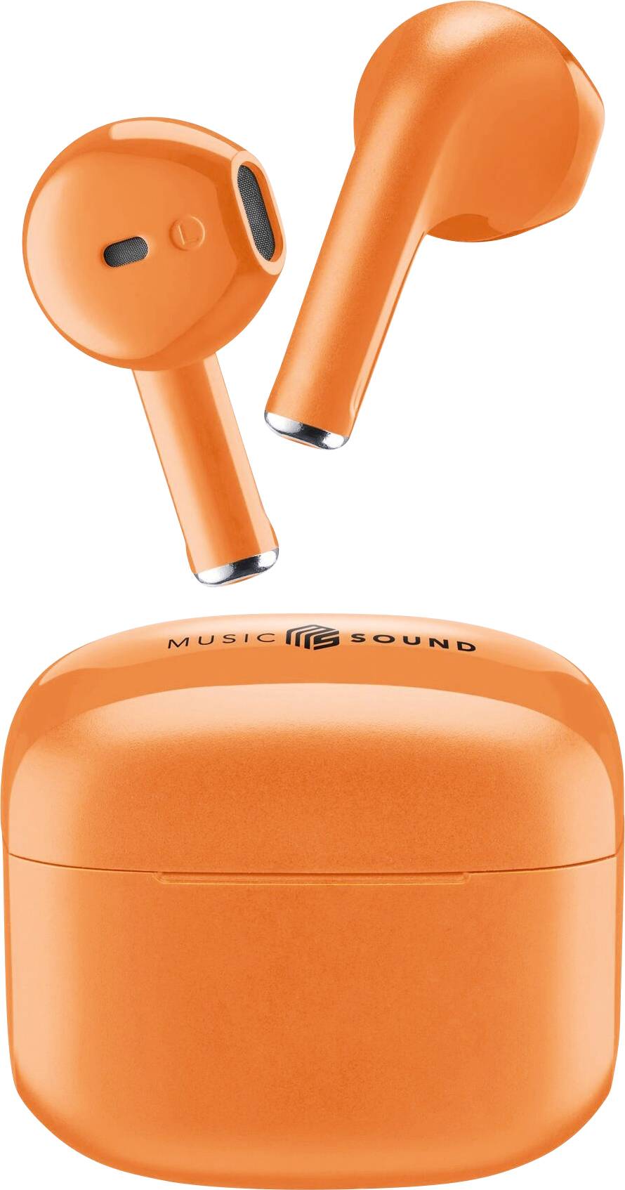 Orange wireless earbuds with charging case, labeled 'Music Sound'. The earbuds have a sleek, compact design.