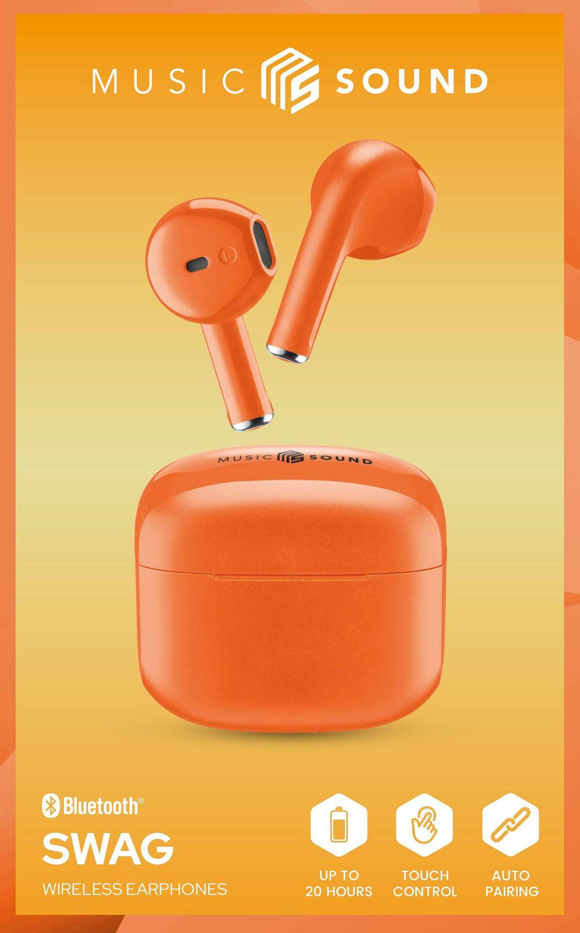 Orange wireless earphones and charging case with 'Music Sound' logo. Features include 20-hour battery, touch control, auto pairing.