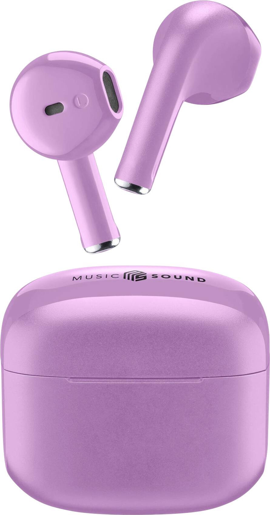 Pink wireless earbuds and a matching charging case labeled 'Music Sound'.