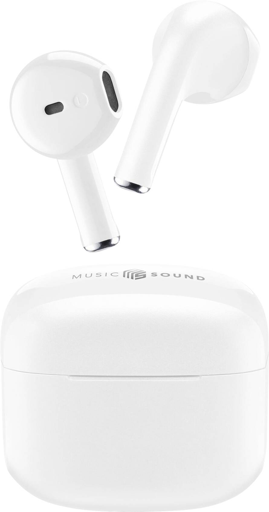 White wireless earbuds with compact charging case, labeled 'Music Sound'.