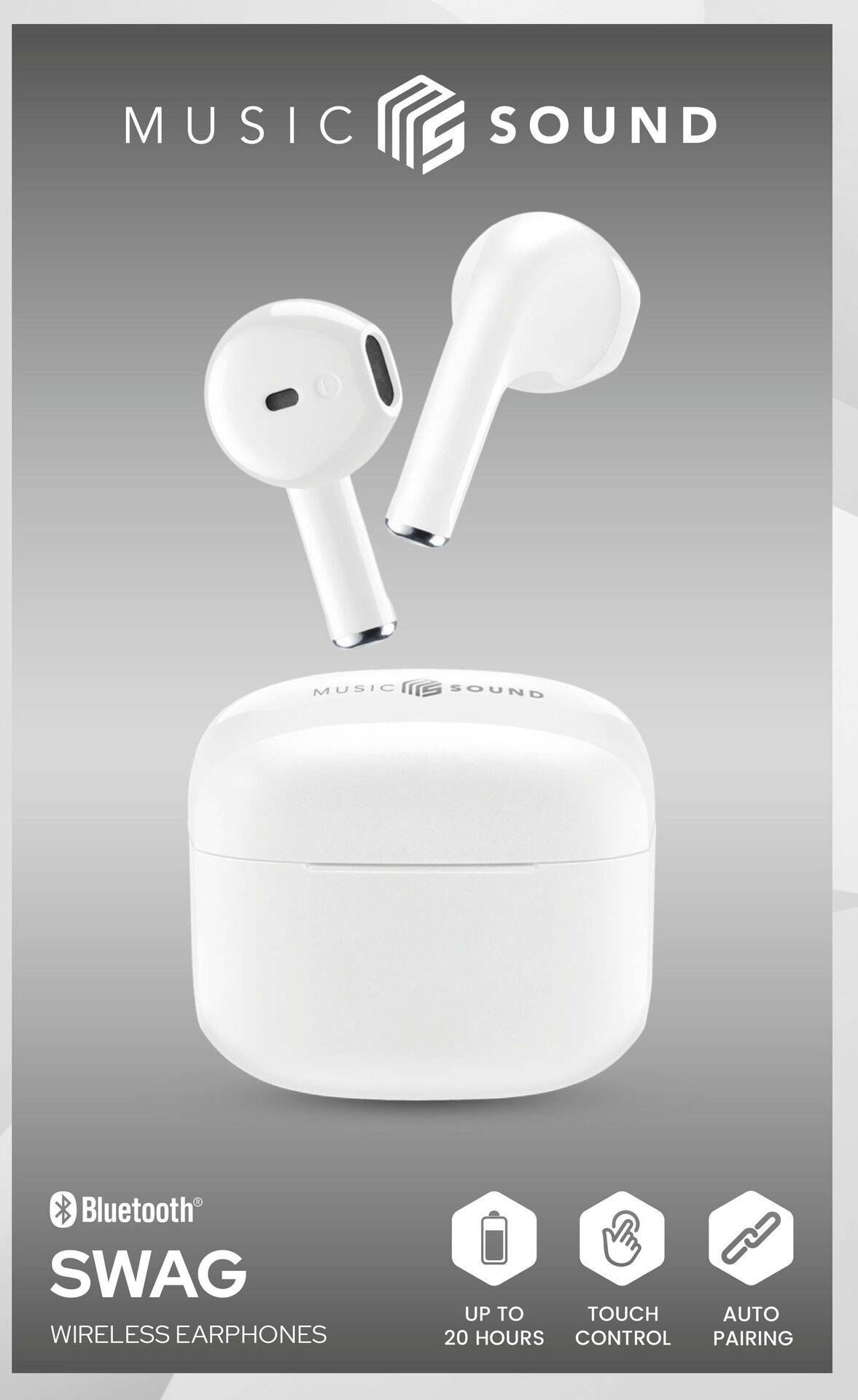 Wireless earphones with charging case. Features: up to 20 hours, touch control, auto pairing. Labeled 'MUSIC SOUND SWAG'.