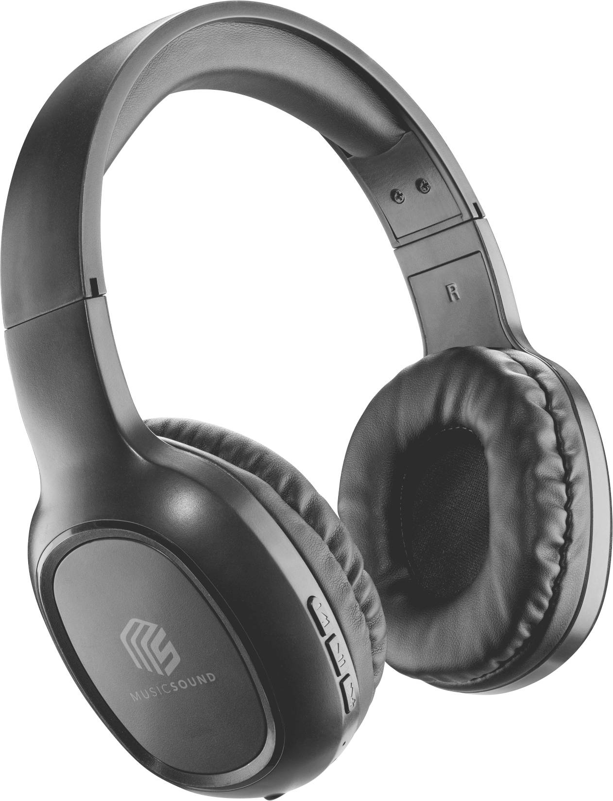 Black over-ear headphones with cushioned ear pads and a logo on the side.