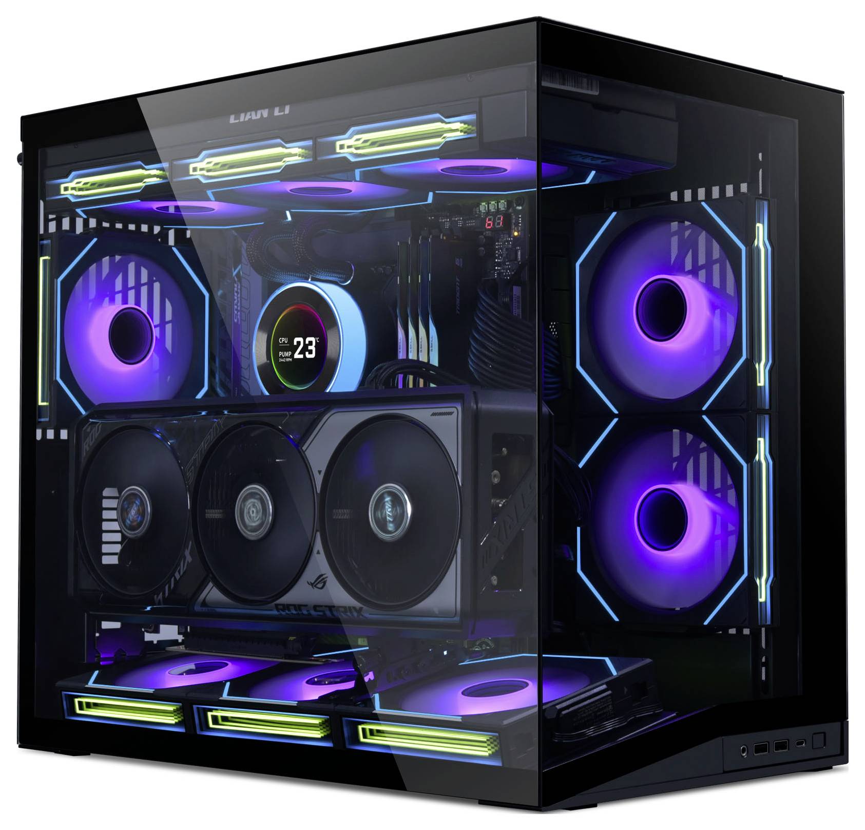 A high-end gaming PC with RGB lighting, featuring multiple cooling fans and a transparent case showcasing internal components.