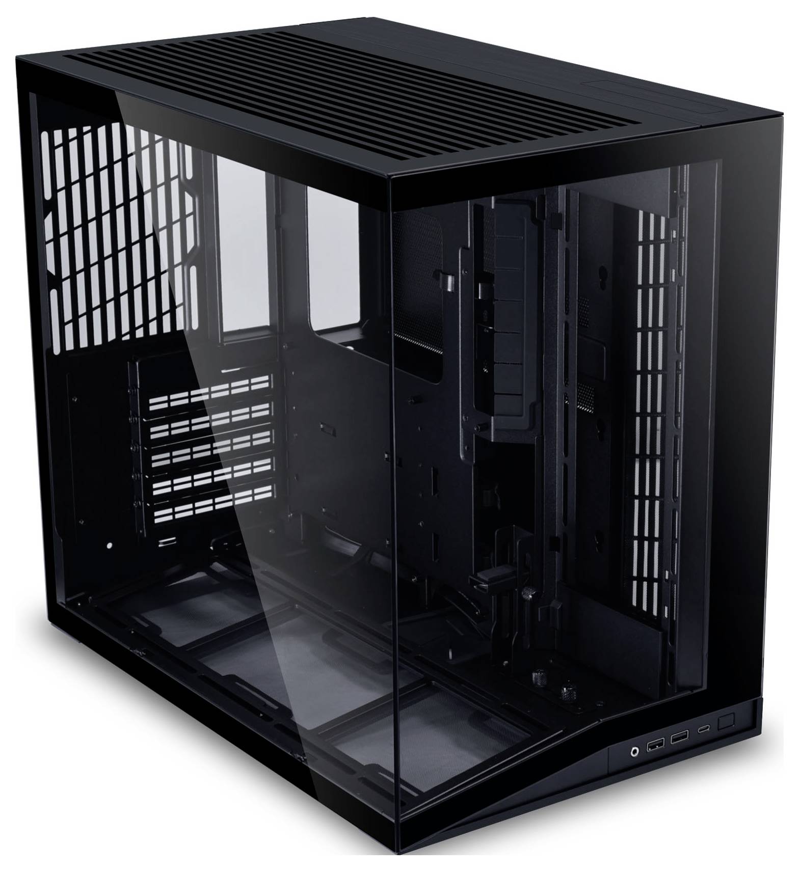 A black computer case with a transparent side panel showcases an empty interior for hardware installation, featuring multiple ventilation sections.