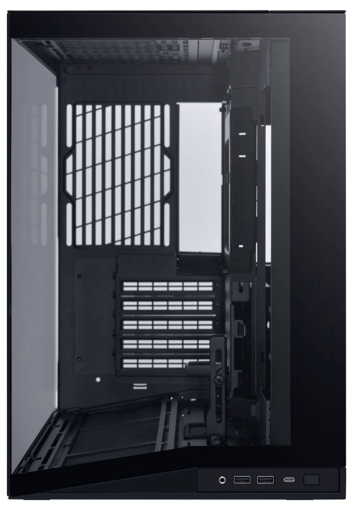 A black computer case with a transparent side panel, revealing empty interior space for components, front panel includes USB ports and buttons.