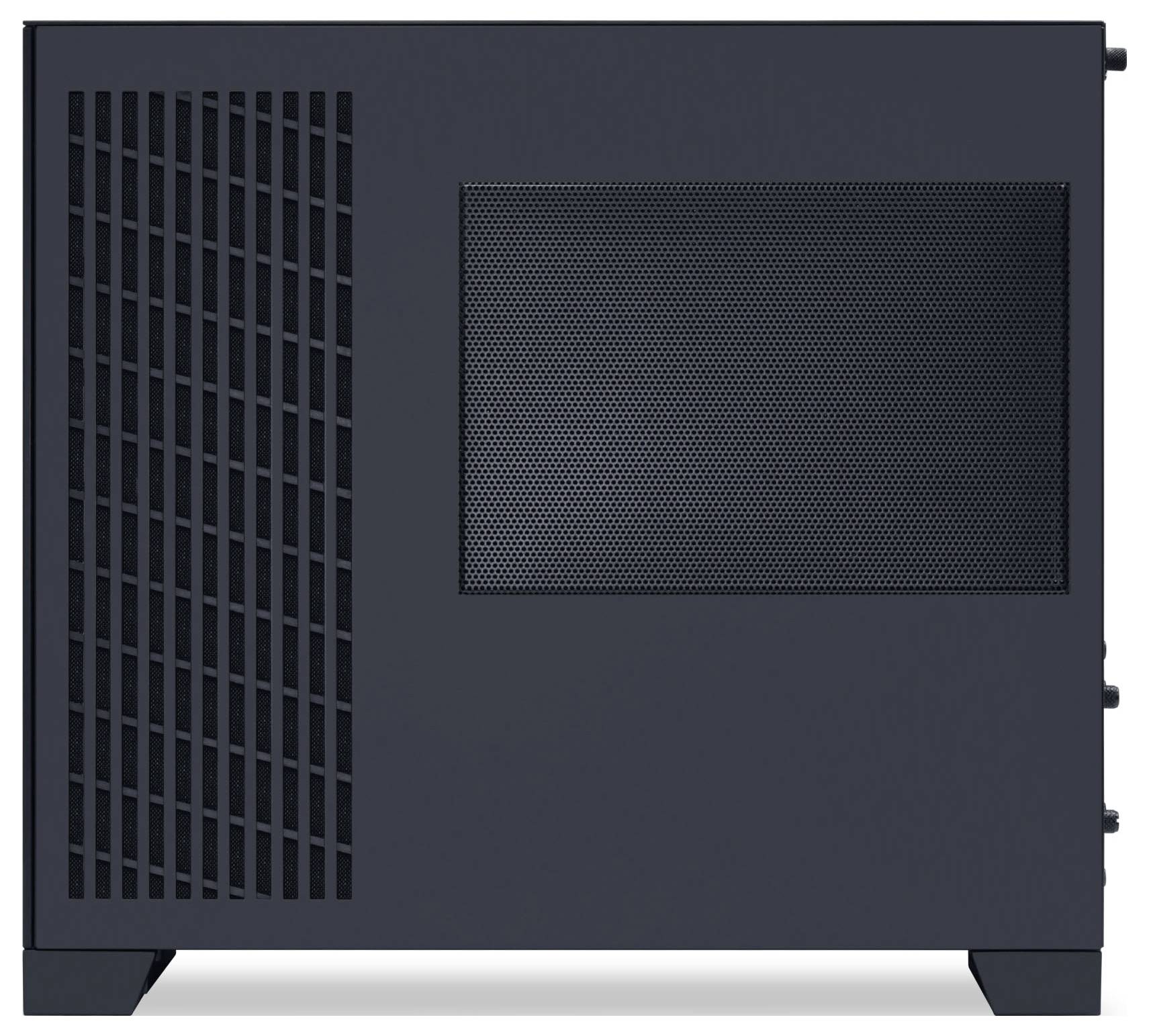 A dark gray, rectangular electronic device with ventilation grilles and a mesh panel on one side, possibly a computer case or server.