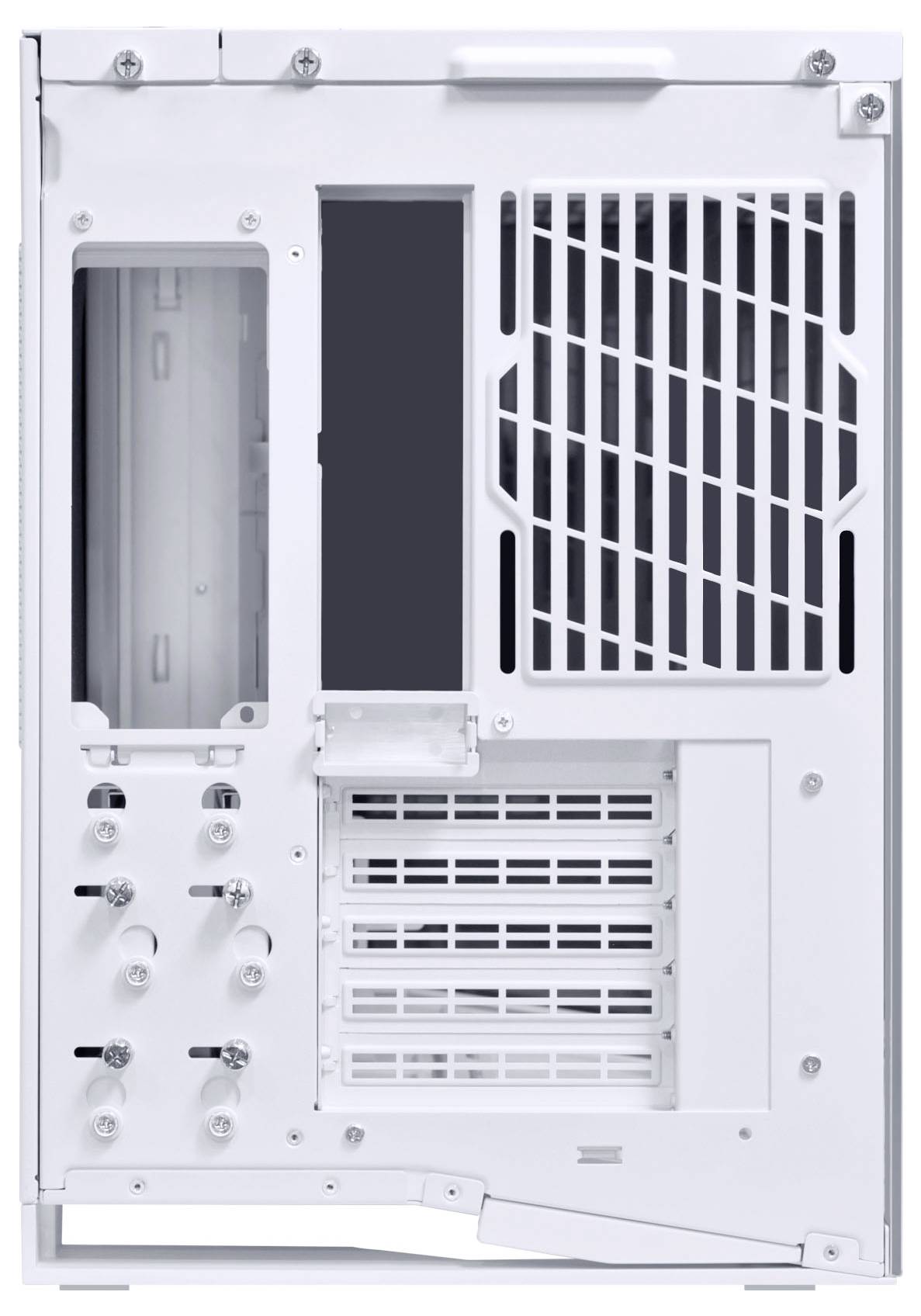 White computer case rear view with multiple expansion slots, power supply area, and ventilation openings for effective airflow.