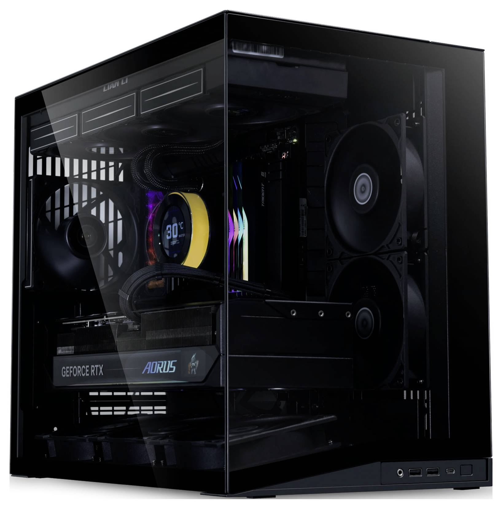 A black desktop computer with a clear side panel reveals internal components, including multiple cooling fans and an NVIDIA GeForce RTX graphics card.