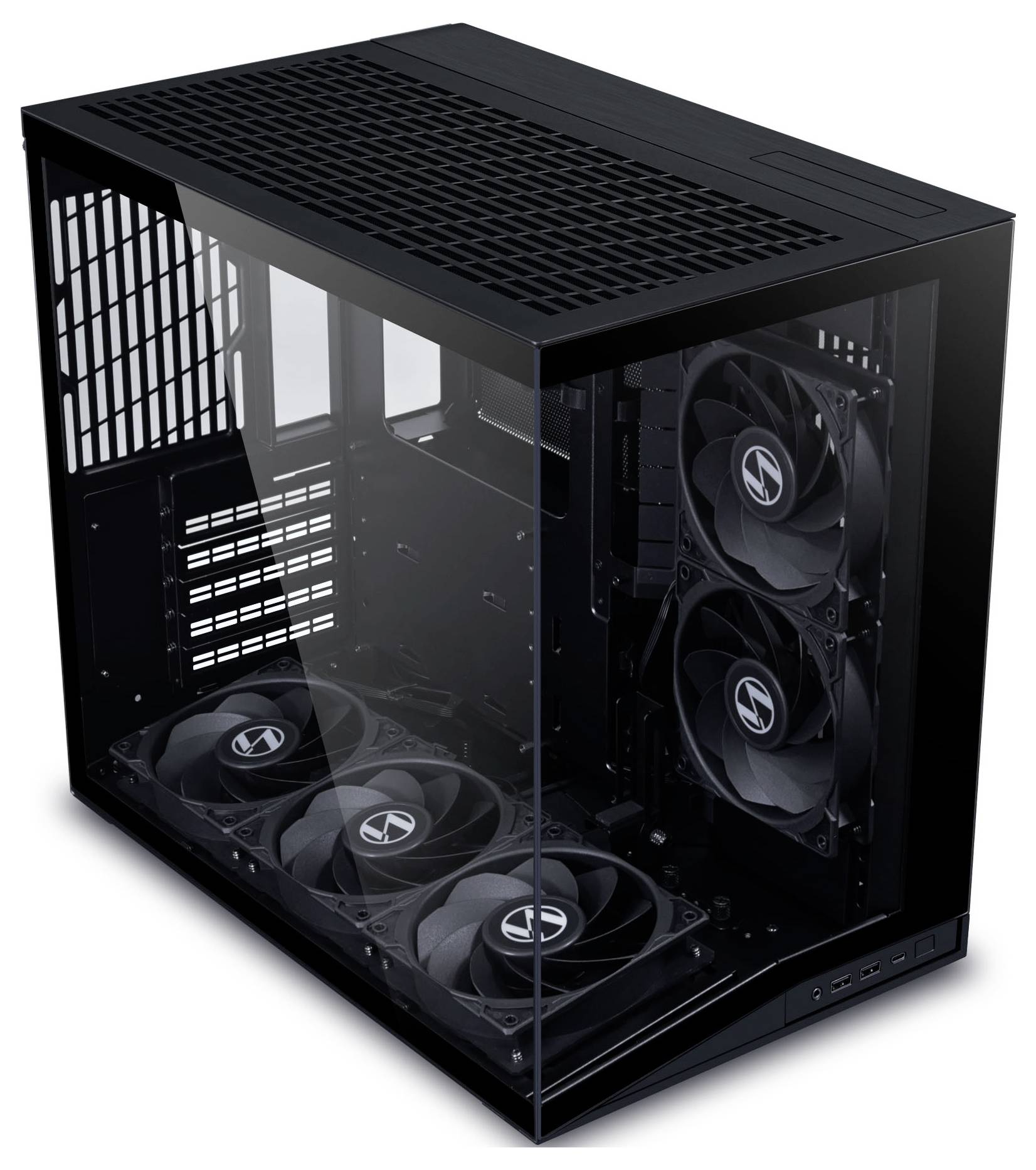 A black computer case with transparent side panel revealing multiple cooling fans inside, designed for advanced ventilation and performance.