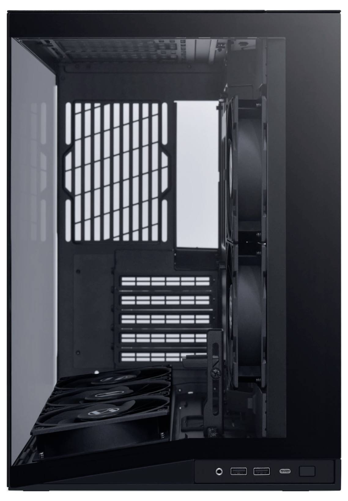 A sleek, empty computer case with visible internal compartments, fan mounts on the side panel, and front IO ports for USB and audio.
