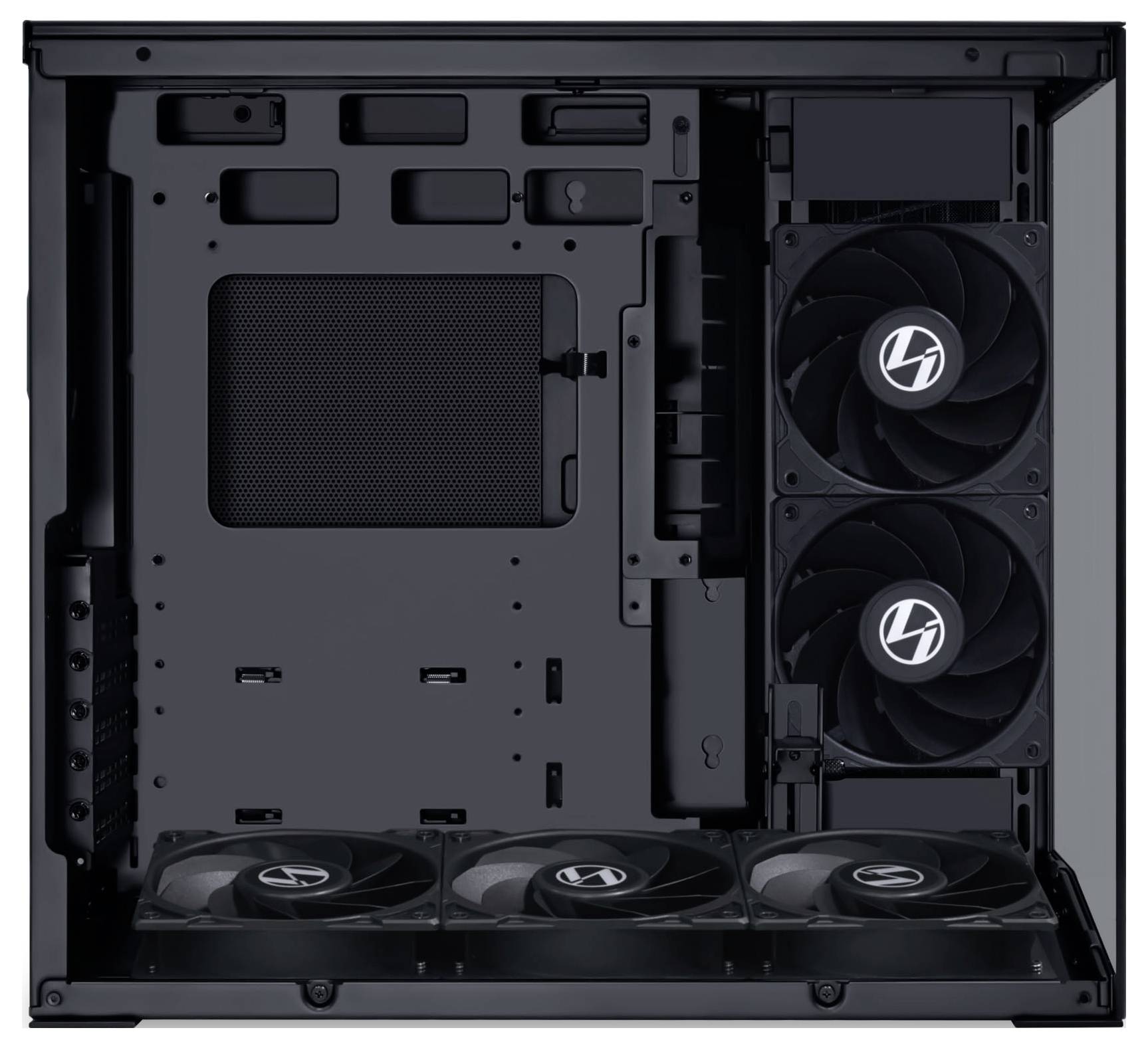 Open computer case interior showing empty motherboard area, three cooling fans on top and two vertical fans on the side, no components installed.