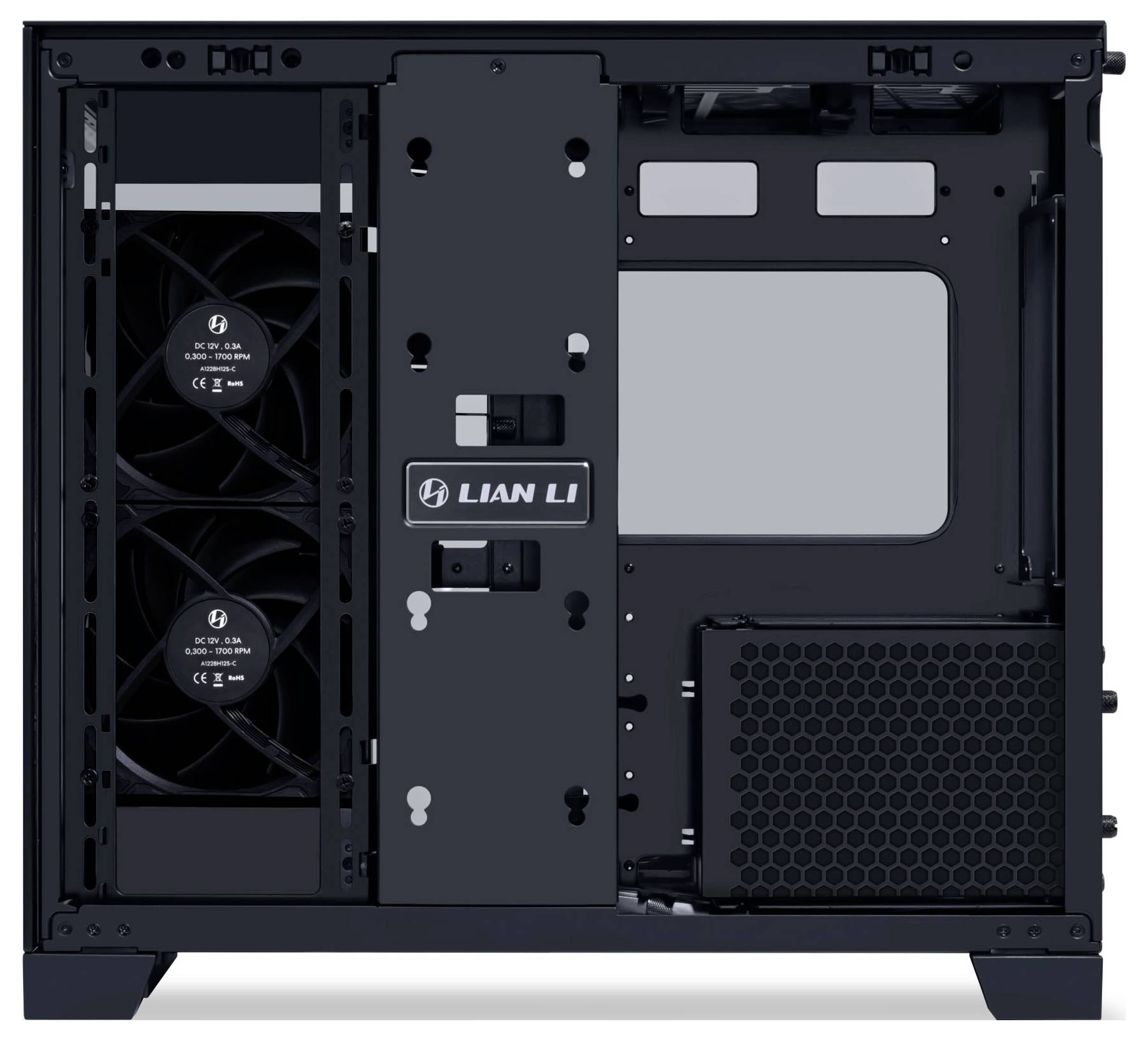 The image shows the interior of a Lian Li PC case, featuring cooling fans on the left and a PSU cover on the right, with space for other components.