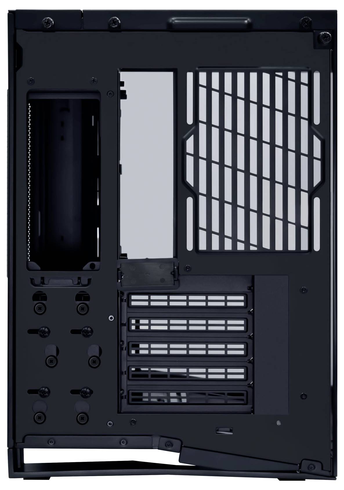 The image shows the rear view of a black computer case, featuring multiple expansion slots, ventilation grilles, and a power supply mount.