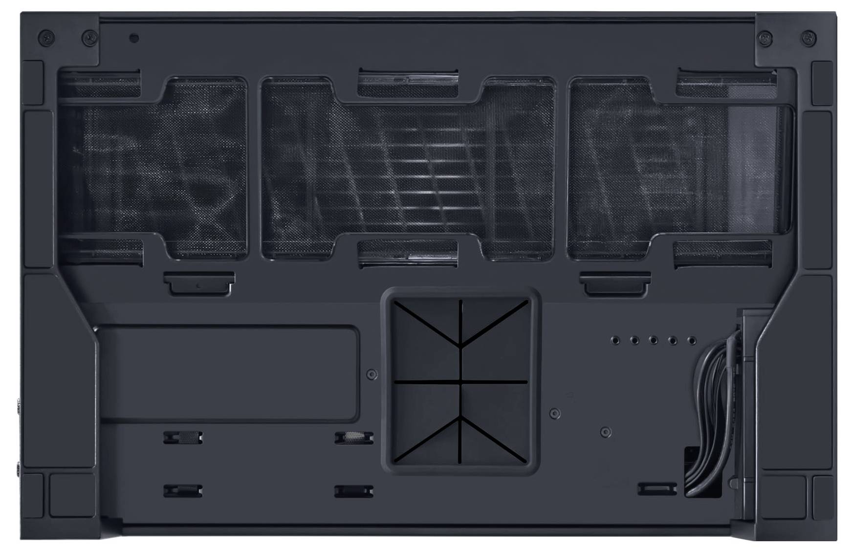 The image shows the underside of a dark-colored electronic device, featuring several vents and a panel with multiple ports and wiring.