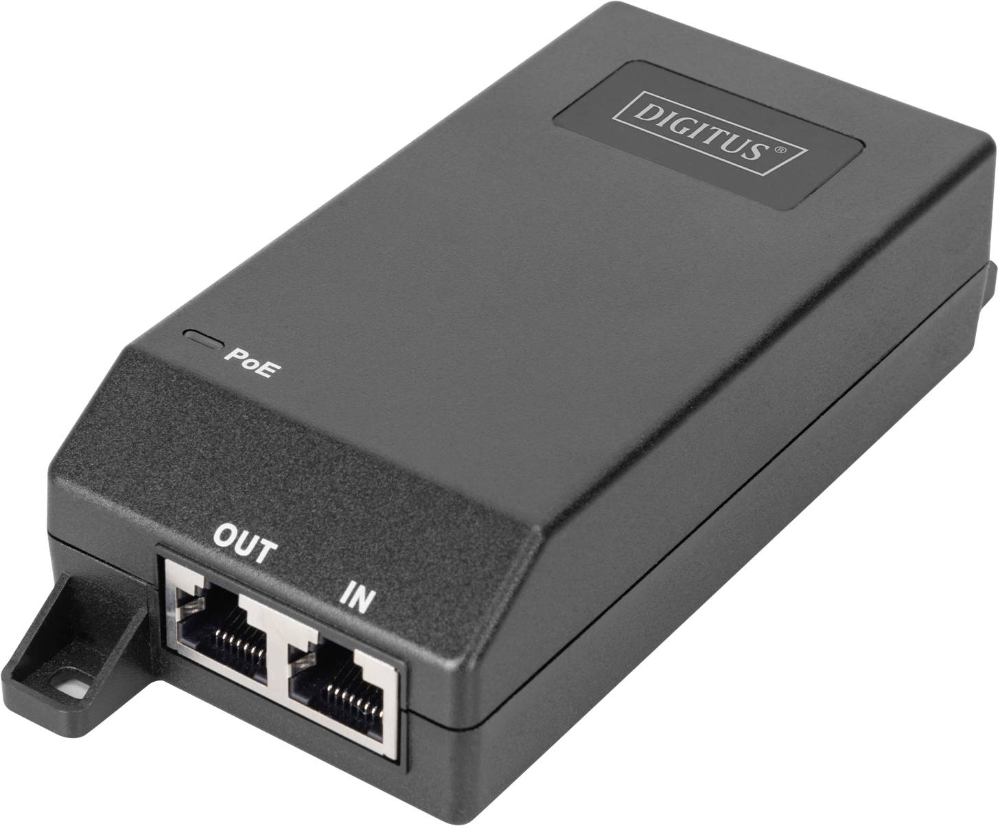 A black network device labeled 'DIGITUS' with PoE capability, showing two Ethernet ports for 'IN' and 'OUT'.