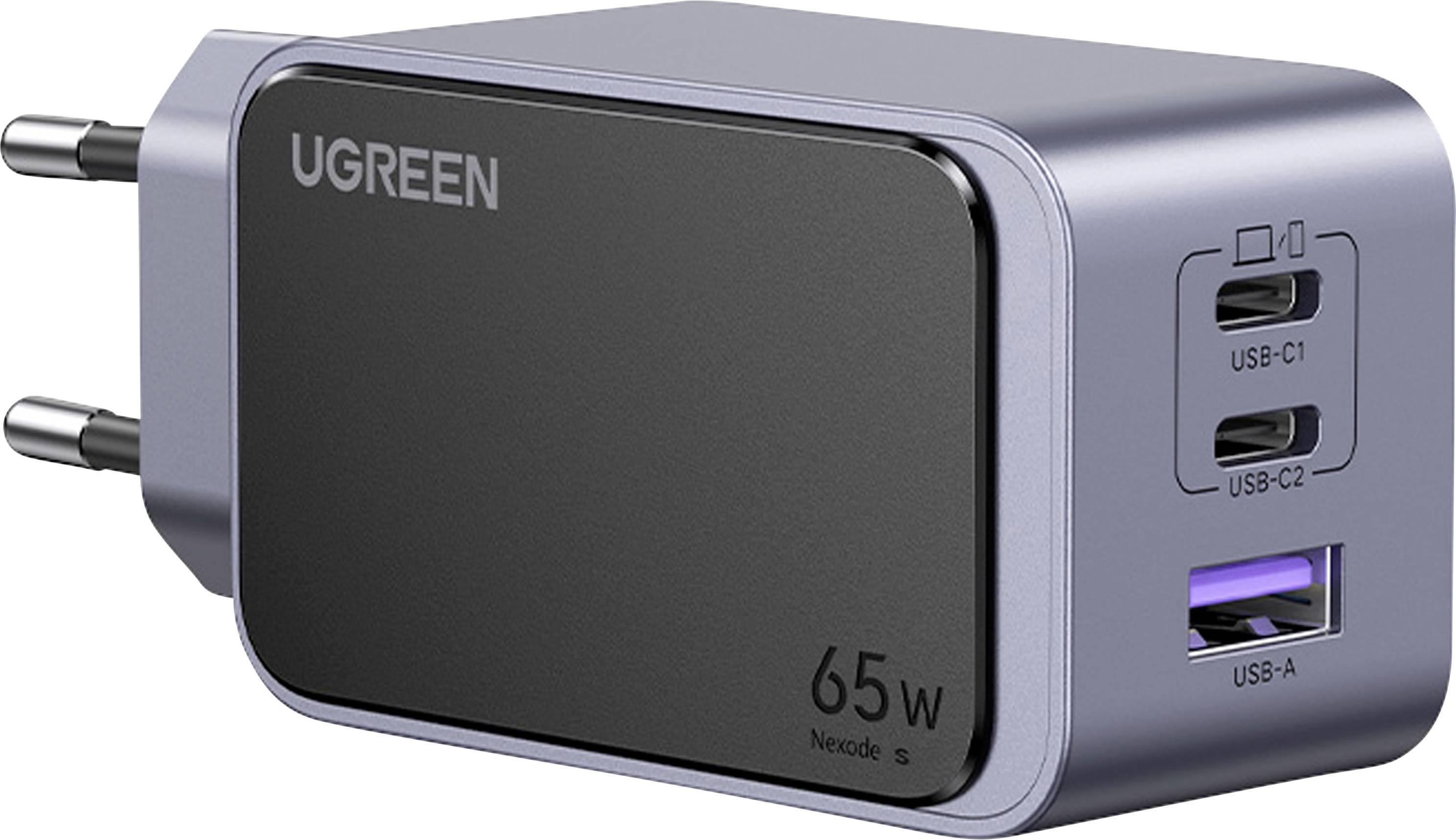 UGREEN 65W wall charger with two USB-C ports and one USB-A port, shown with European plug prongs.