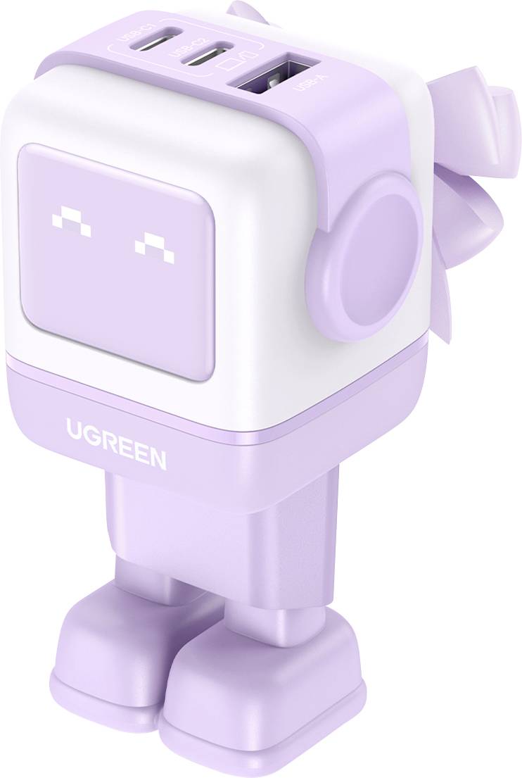 A lavender and white robot-shaped USB charger with two USB-C ports and one USB-A port on the top. The brand name 'UGREEN' is visible.