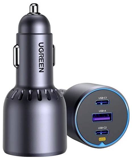 UGREEN dual-port car charger adapter with USB-C1, USB-A, USB-C2 ports and 65W output, shown front and side views on white background