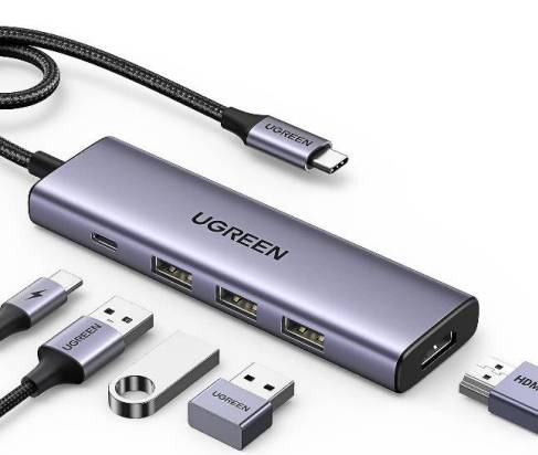 A multiport USB-C hub with the brand name 'UGREEN' featuring multiple USB ports, HDMI port, and a microSD card slot, alongside connecting cables.