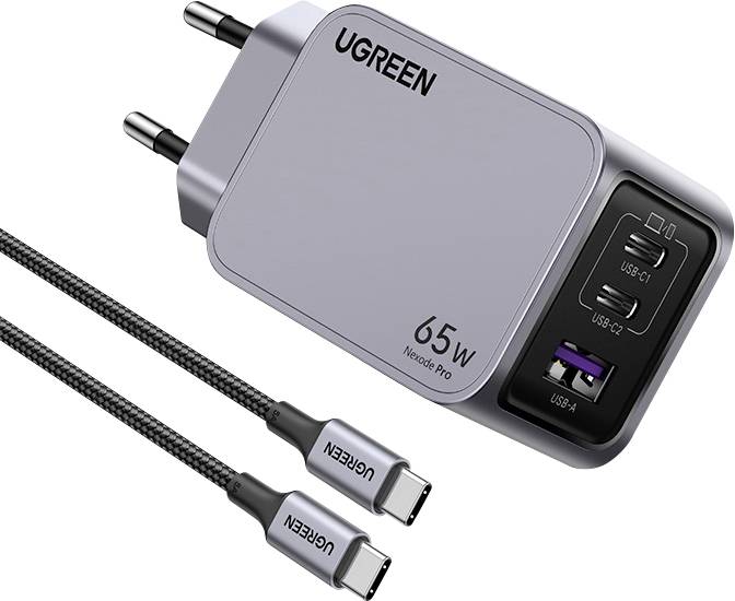 UGREEN 65W charger with dual USB-C ports, a USB-A port, and two USB-C cables, designed for fast charging multiple devices.