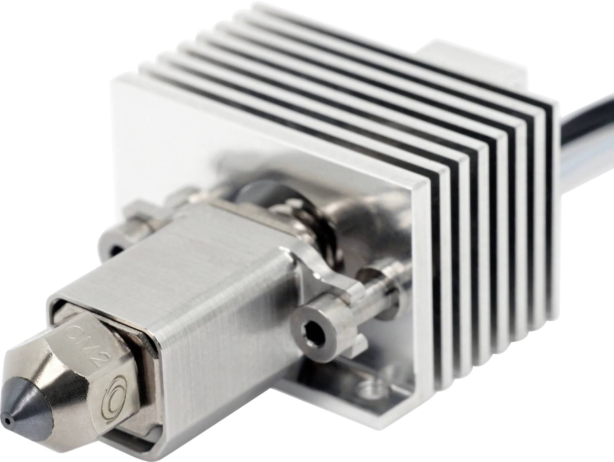 A metal 3D printer nozzle with a square heat sink, used for melting and extruding filament in 3D printing applications.