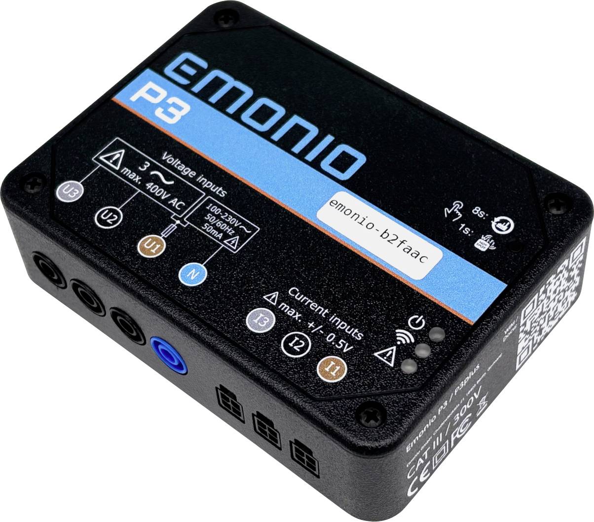 'EMONIO P3' black electronic device with voltage and current input indicators. Used for monitoring energy with connectivity features.