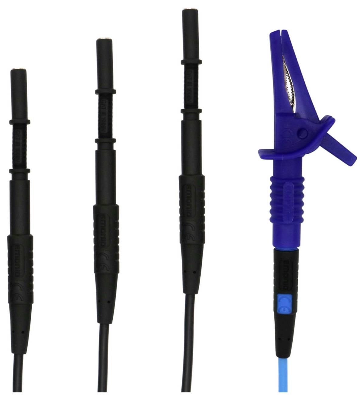 Three black test probes and one blue clamp with wires for electrical testing, arranged vertically against a white background.