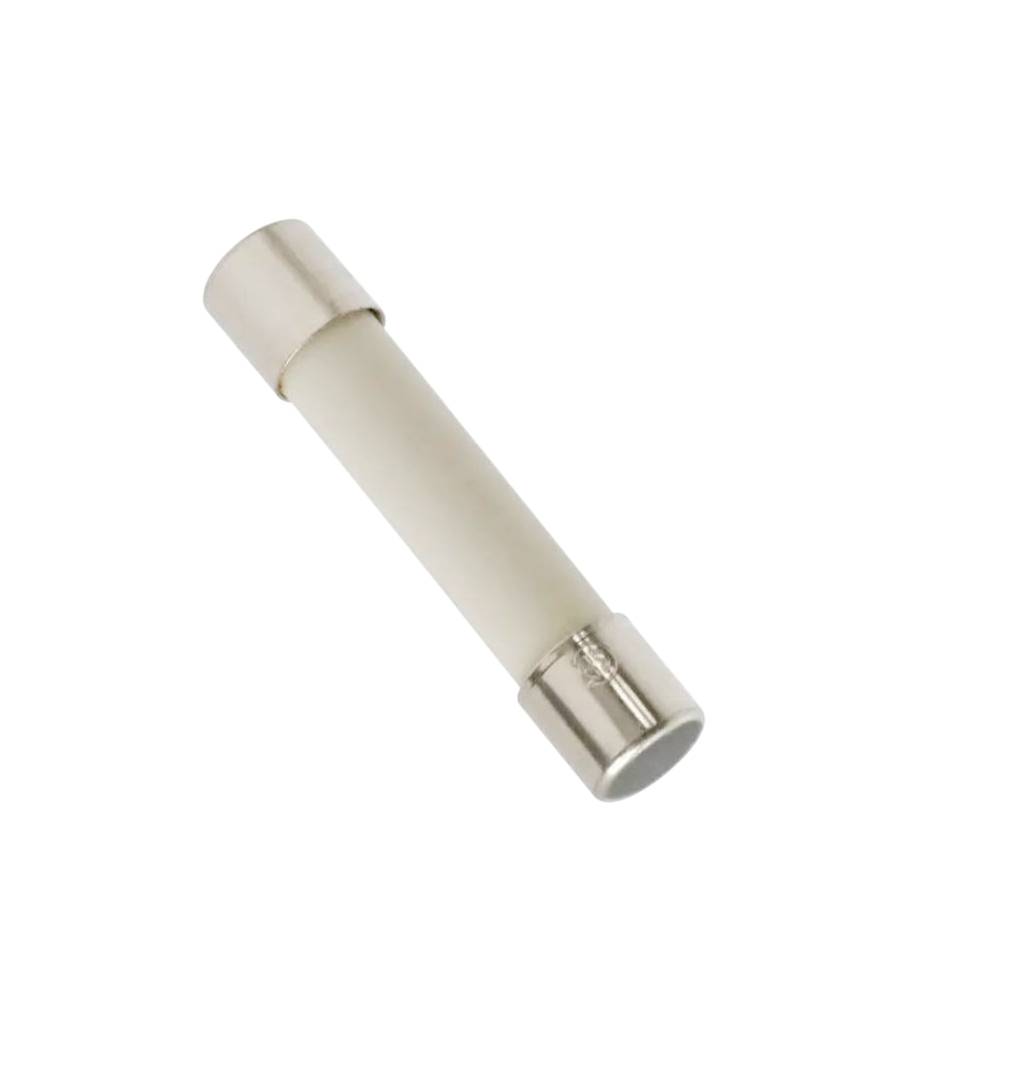 A cylindrical glass fuse with metal caps on both ends, used to protect electrical circuits from overcurrent.