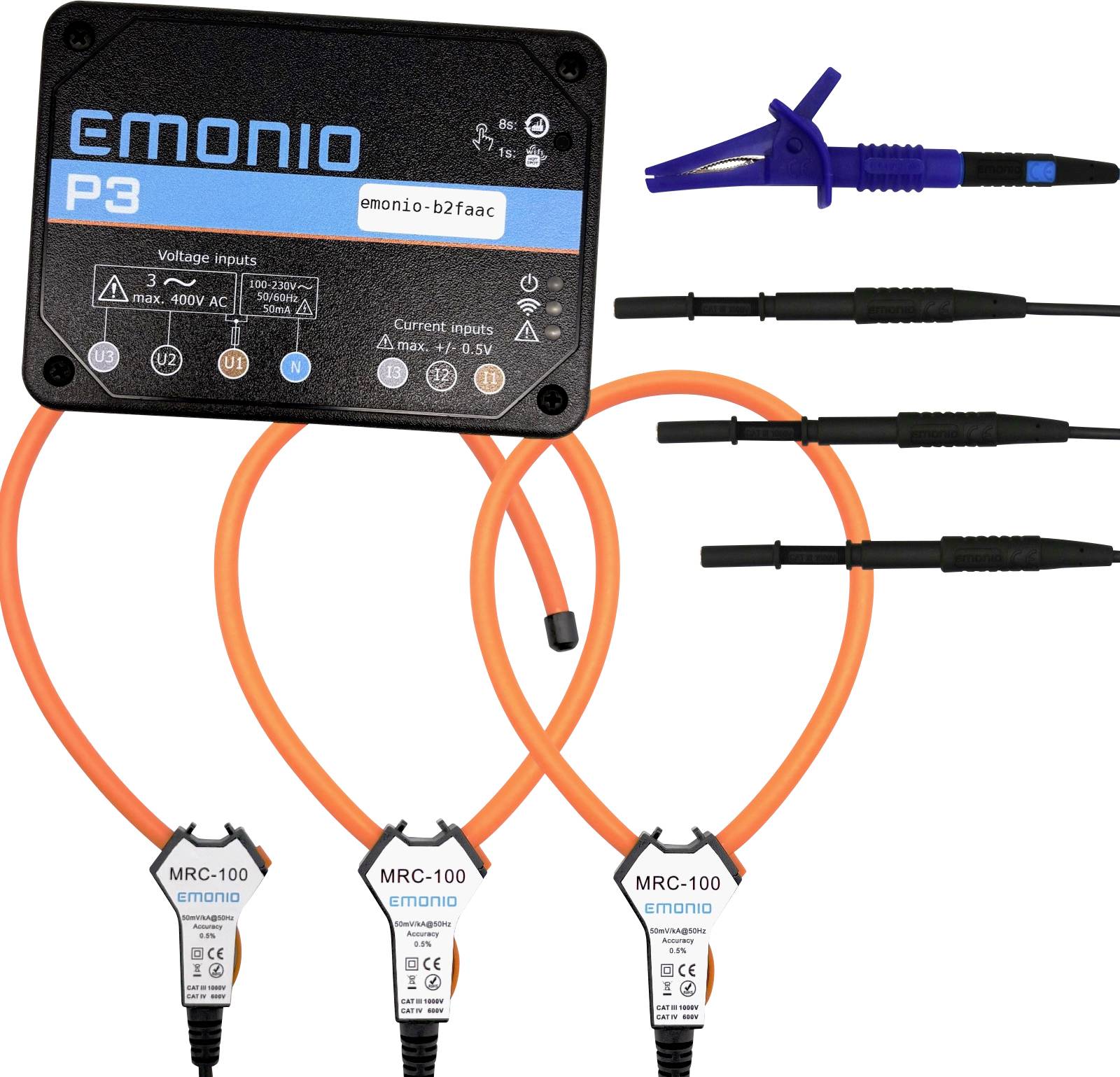 Power monitoring device set with a black main unit labeled 'EMONIO P3', orange cables, and blue clamp sensors for measuring electrical usage.