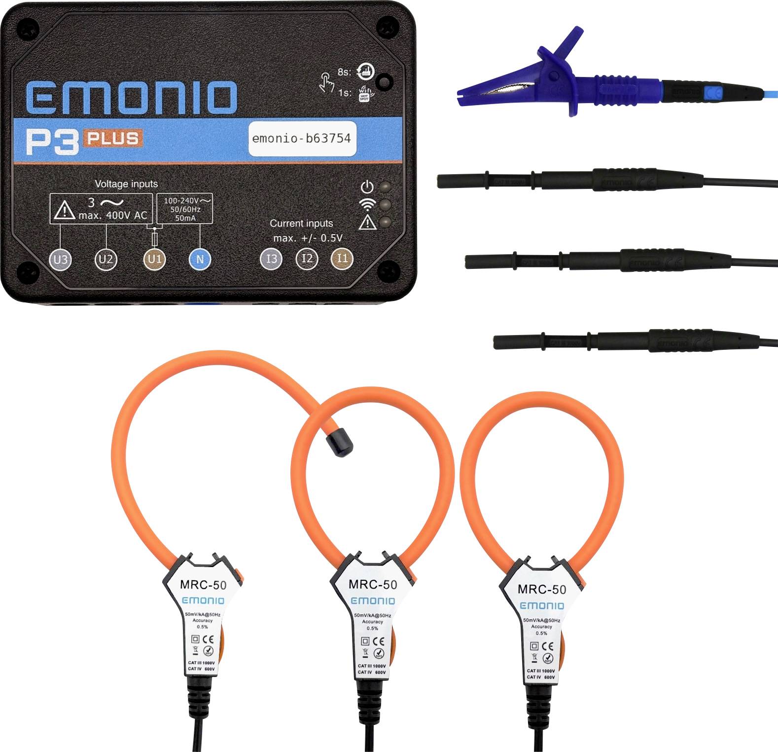 The image shows an Emonio P3 Plus device with voltage inputs and MRC-50 sensors, used for monitoring electrical parameters.