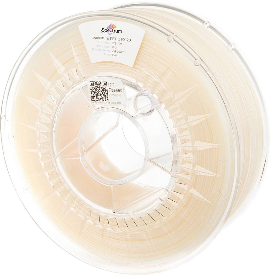 Spool of clear PET-G 3D printer filament with a label displaying 'Spectrum PET-G FX120', 1.75mm thickness, and 1kg weight.