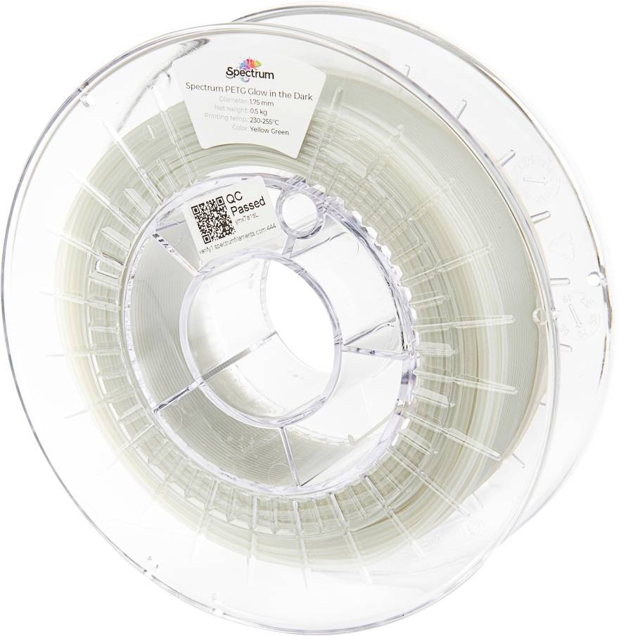 A spool of translucent filament labeled 'Spectrum PET-G Glow in the Dark', suitable for 3D printing, with a visible QR code and specifications.