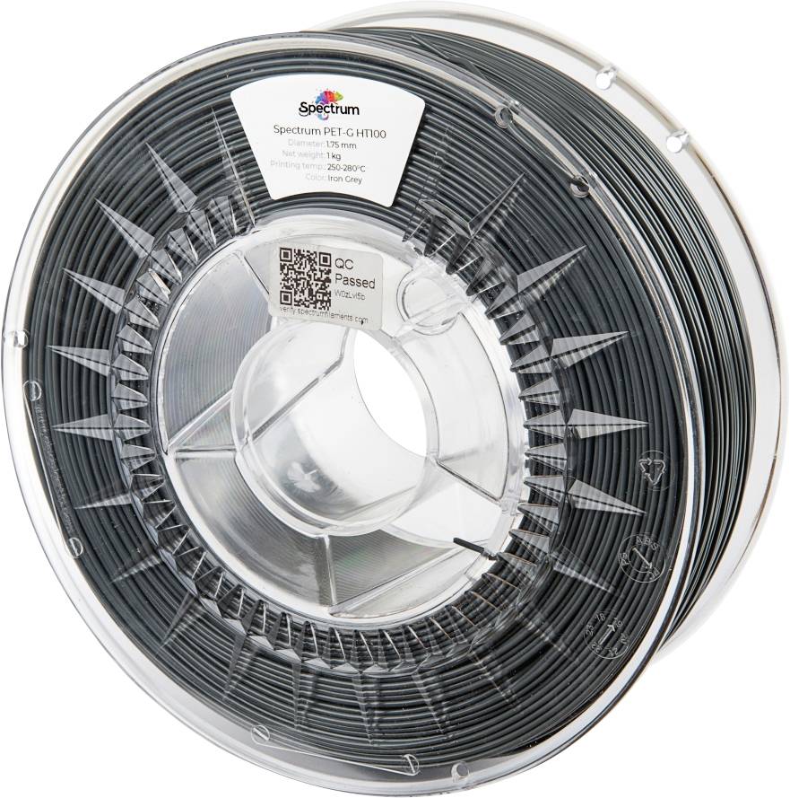 A transparent spool of dark gray Spectrum PET-G filament labeled with model and printing specifications.