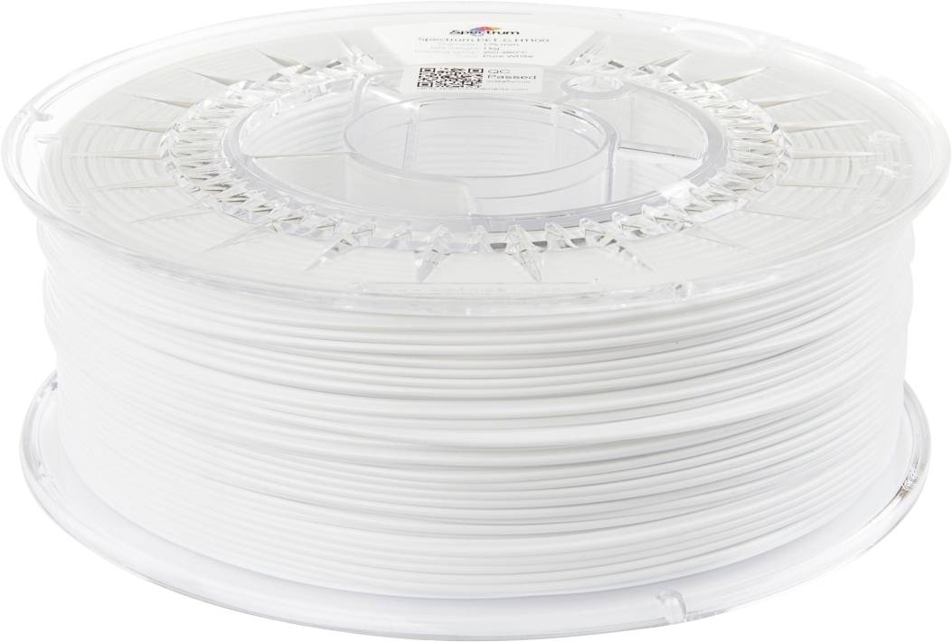 A spool of white 3D printing filament, neatly wound, with a label on top showing product information and a QR code.