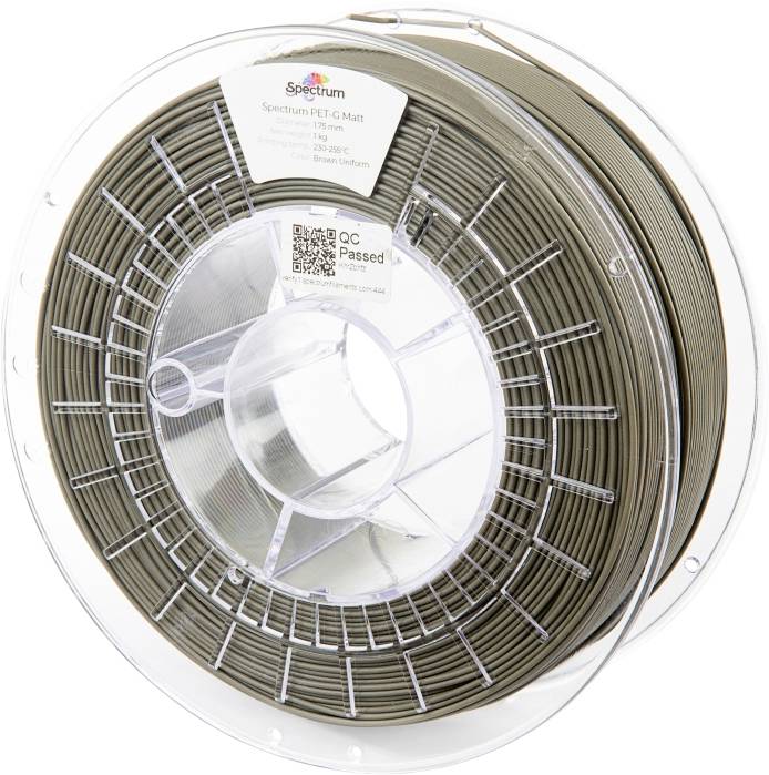 A spool of Spectrum filament labeled 'Spectrum PET-G Matt'. It appears neatly wound and is marked with a QC passed sticker.