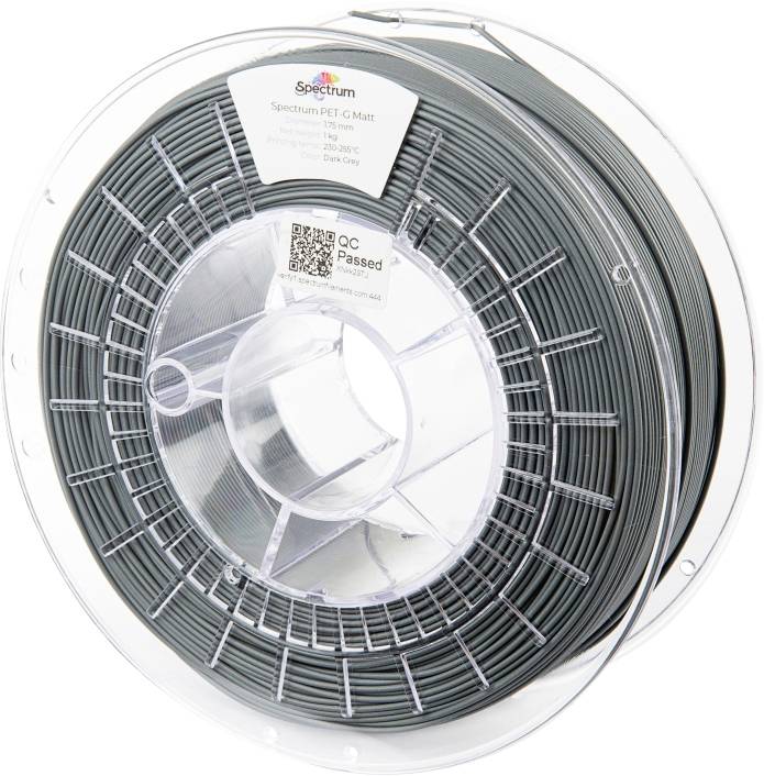 A spool of gray 3D printer filament labeled 'Spectrum PET-G Matt'. The label shows material properties like weight, diameter, and printing temperature.