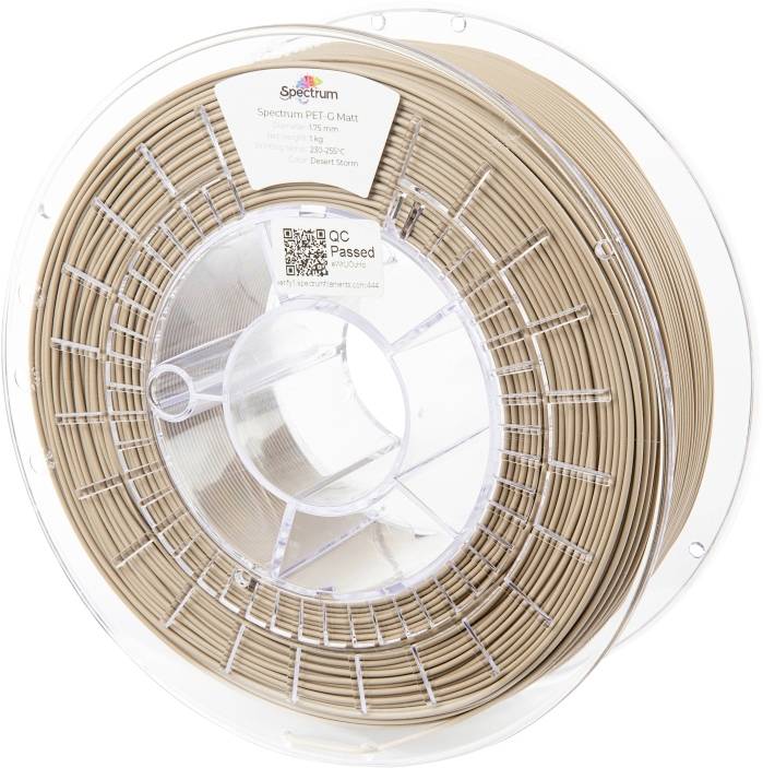 Plastic spool of beige 3D printing filament labeled 'Spectrum PET-G Matte,' weighing 1 kg, with a 'QC Passed' tag.