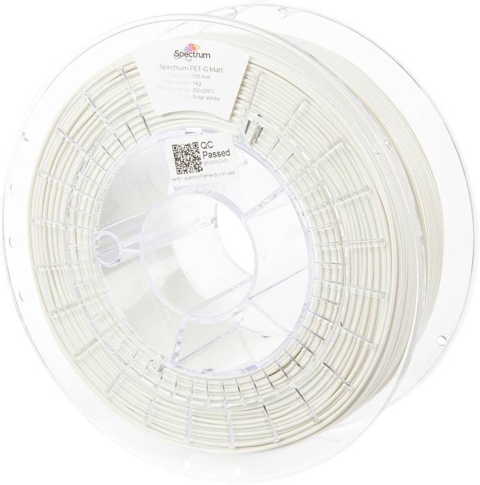 A spool of Spectrum PET-G Matt 3D printer filament in natural white, labeled with a QR code and quality control passed sticker.