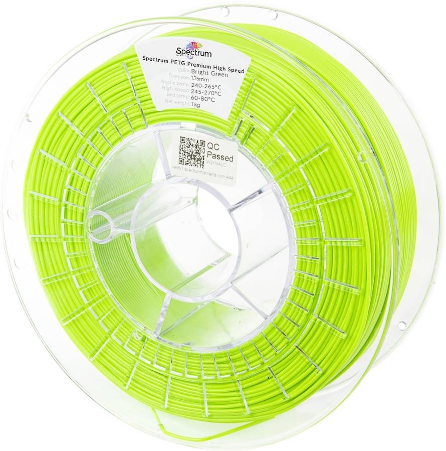 Lime green filament spool with label 'Spectrum PETG Premium High Speed, Bright Green'. Suitable for 3D printing at 245-275°C.
