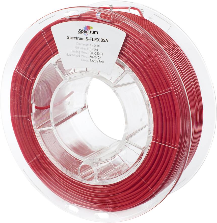 A spool of red Spectrum S-FLEX 85A filament for 3D printing, labeled with specifications such as diameter, net weight, and temperature settings.