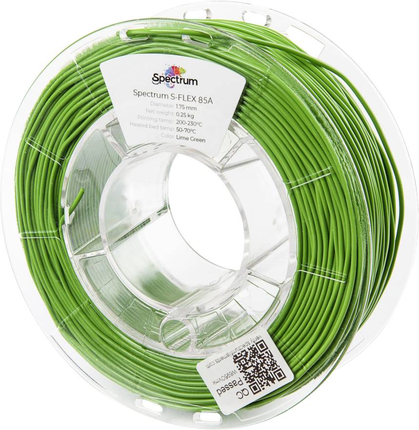 A spool of lime green flexible 3D printing filament, labeled 'Spectrum S-FLEX 85A,' with a QR code on the packaging.