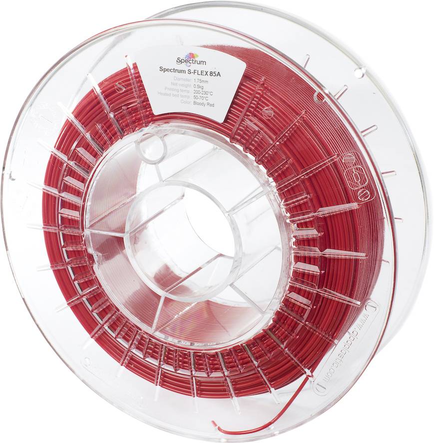A reel of red Spectrum S-FLEX 85A filament for 3D printing; the label details specifications, showcasing its intended use for flexible, durable prints.