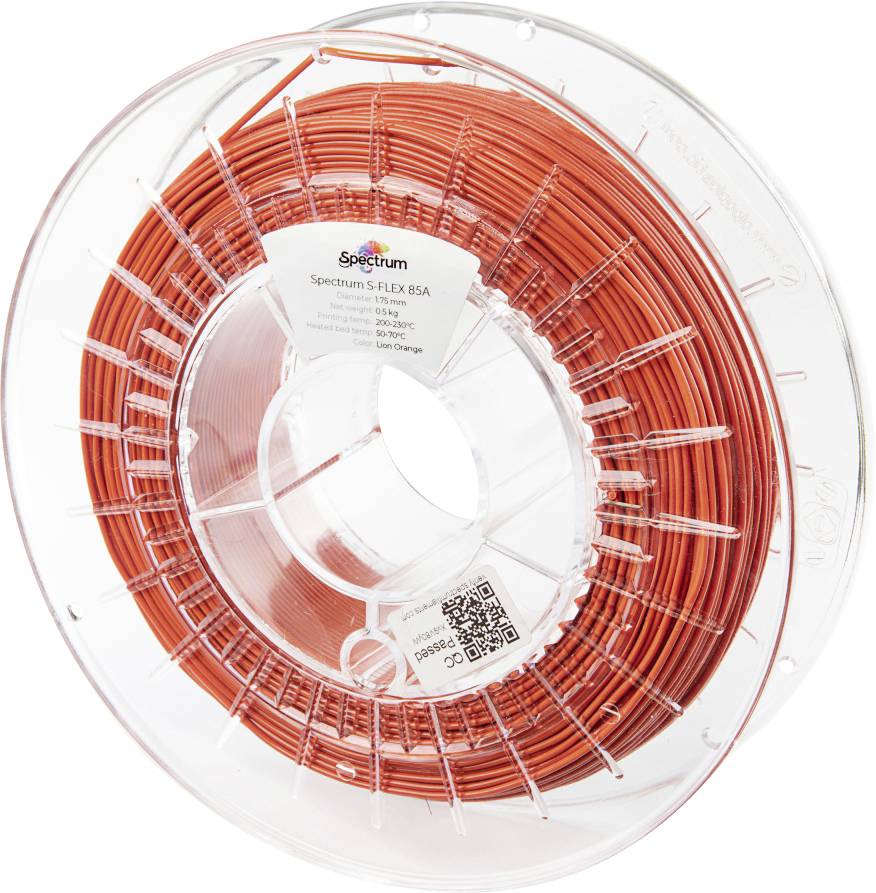 Red flexible 3D printing filament spool labeled 'Spectrum S-Flex 85A', showing material specifications and QR code.